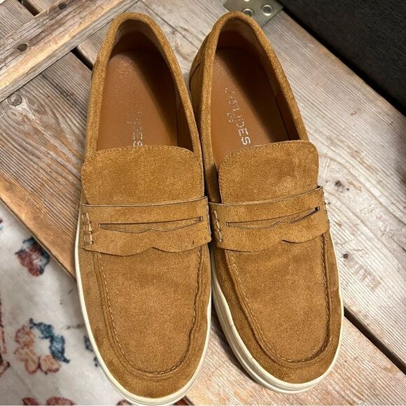 Chic J/Slides Cognac Tan Suede Menswear Inspired Platform Loafer Sneakers - Picture 11 of 12